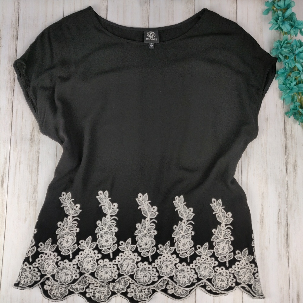 Bobeau black dolman embroidered top d41